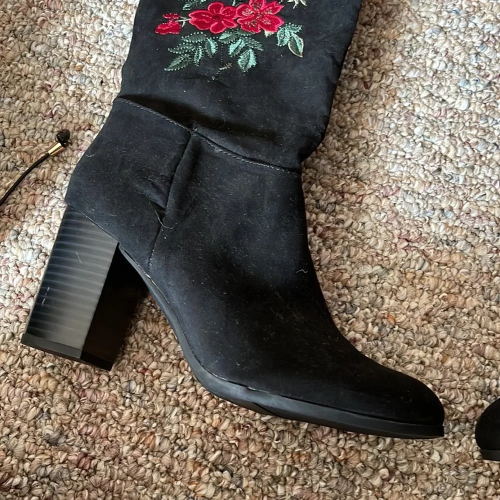 Libby Edelman Black Over the Knee Boots with Red Floral Embroidery